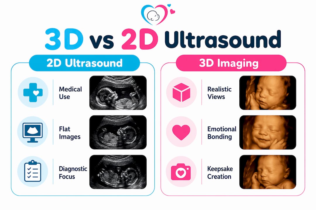 Comparison infographic of 3D and 2D ultrasound benefits