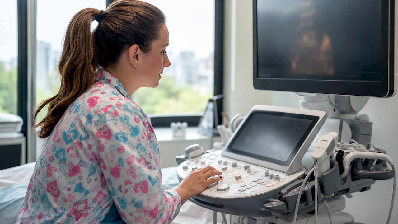 Ultrasound technician adjusting fetal imaging equipment