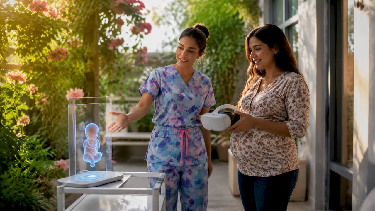 Sonographer shows AR ultrasound to mother