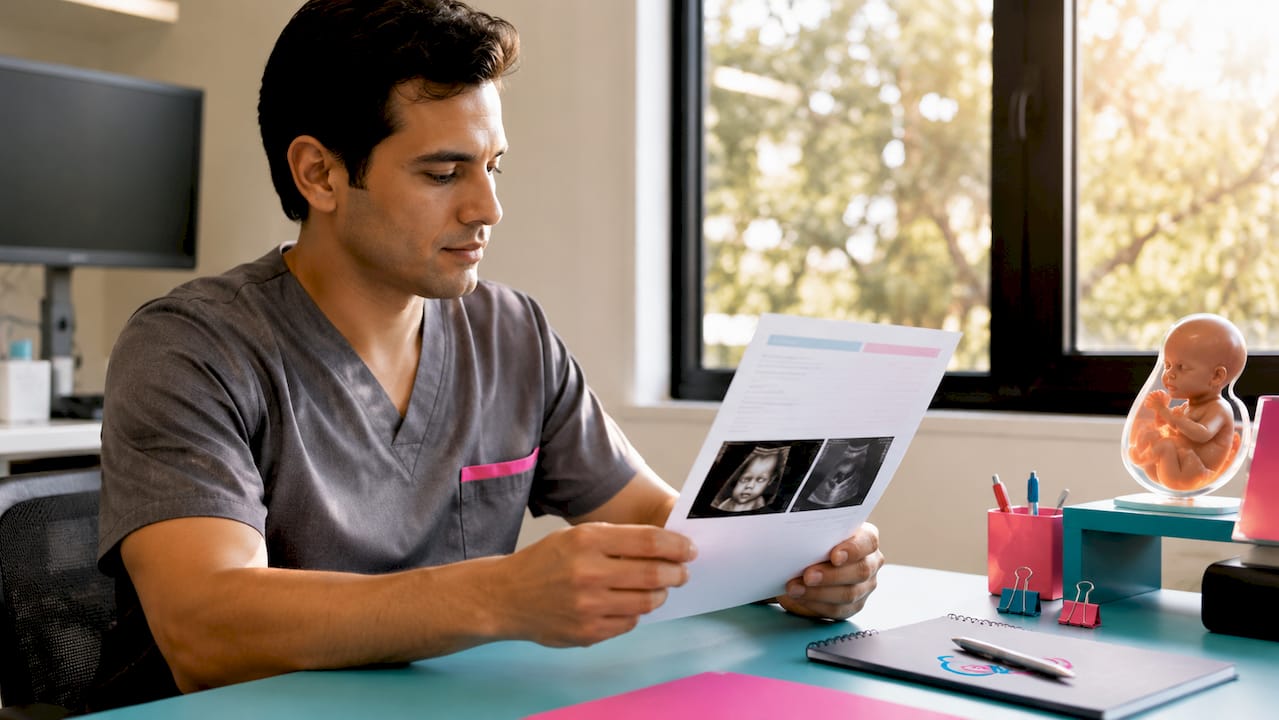 Unas manos sostienen un informe de ecografía dentro de un consultorio médico.