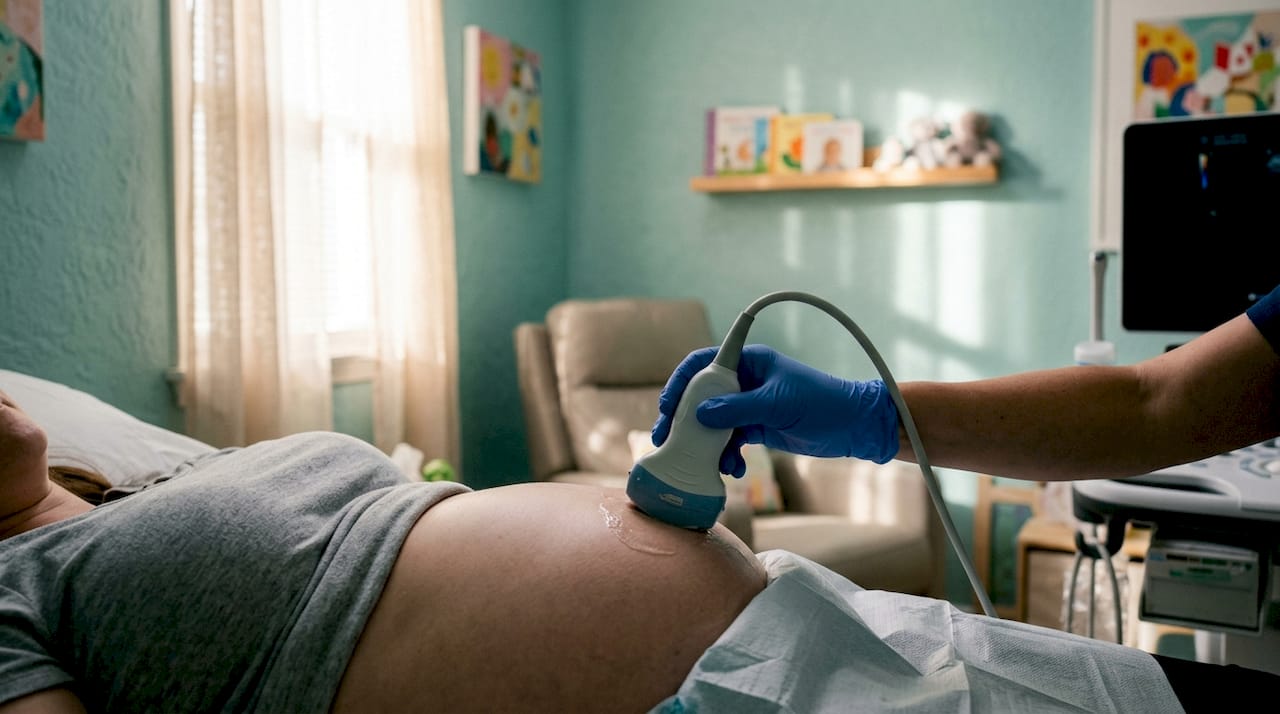 Sonographer hands with color Doppler ultrasound probe