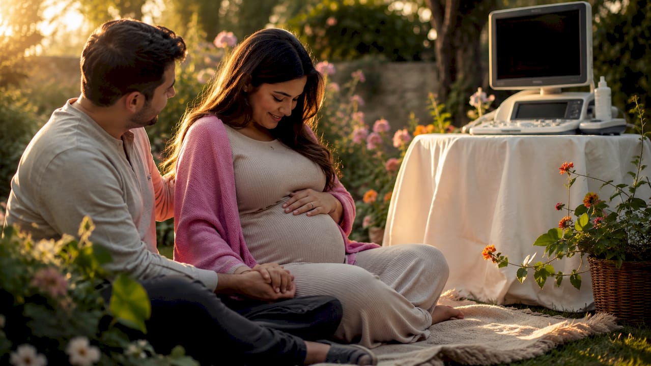 Una pareja vive un momento de calma y conexión durante una ecografía prenatal, disfrutando la tranquilidad que les aporta ver el bienestar de su bebé.