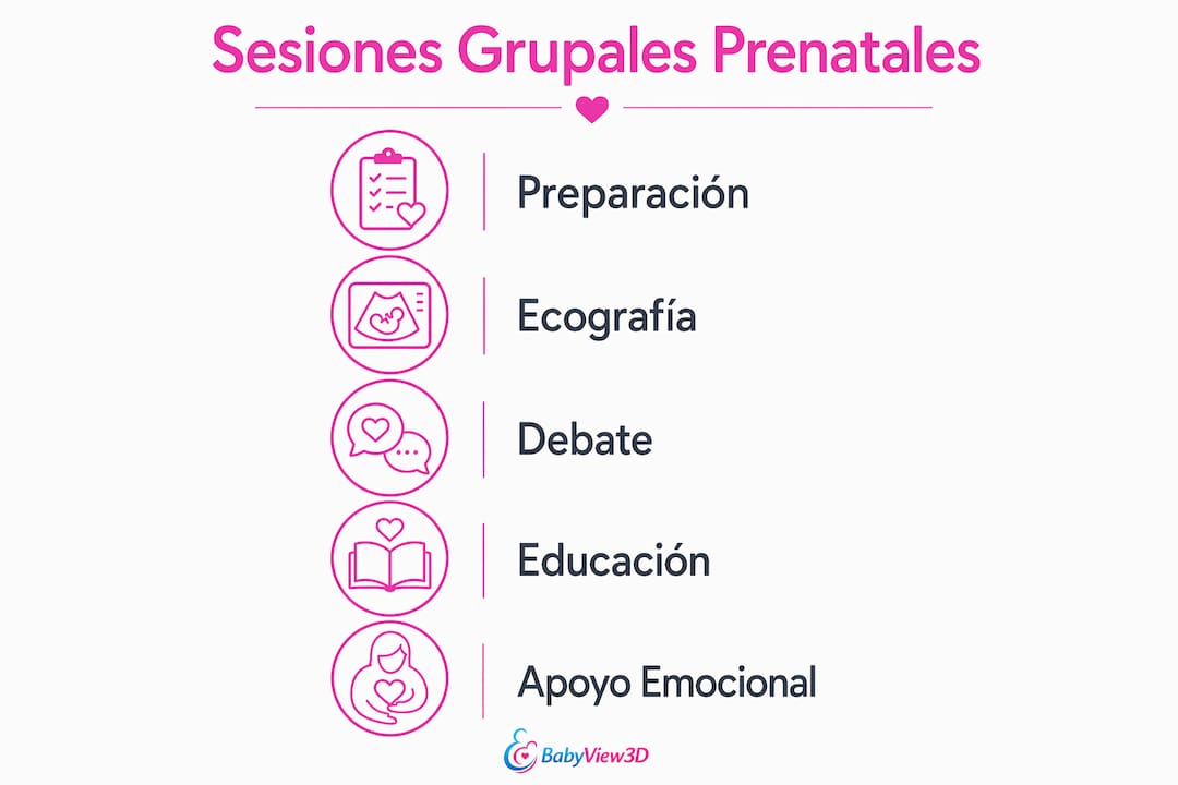 Infografía sobre el desarrollo de una sesión grupal de preparación al parto, paso a paso