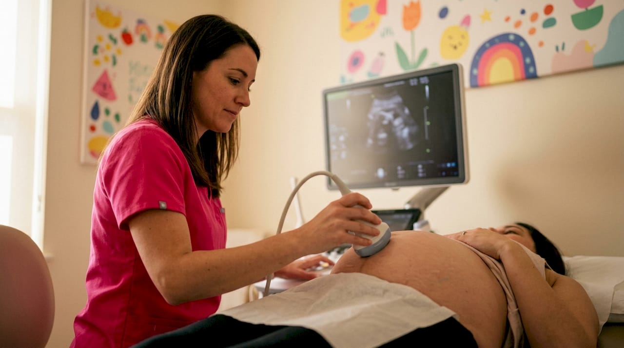 Ultrasound technician operating 3D scan device