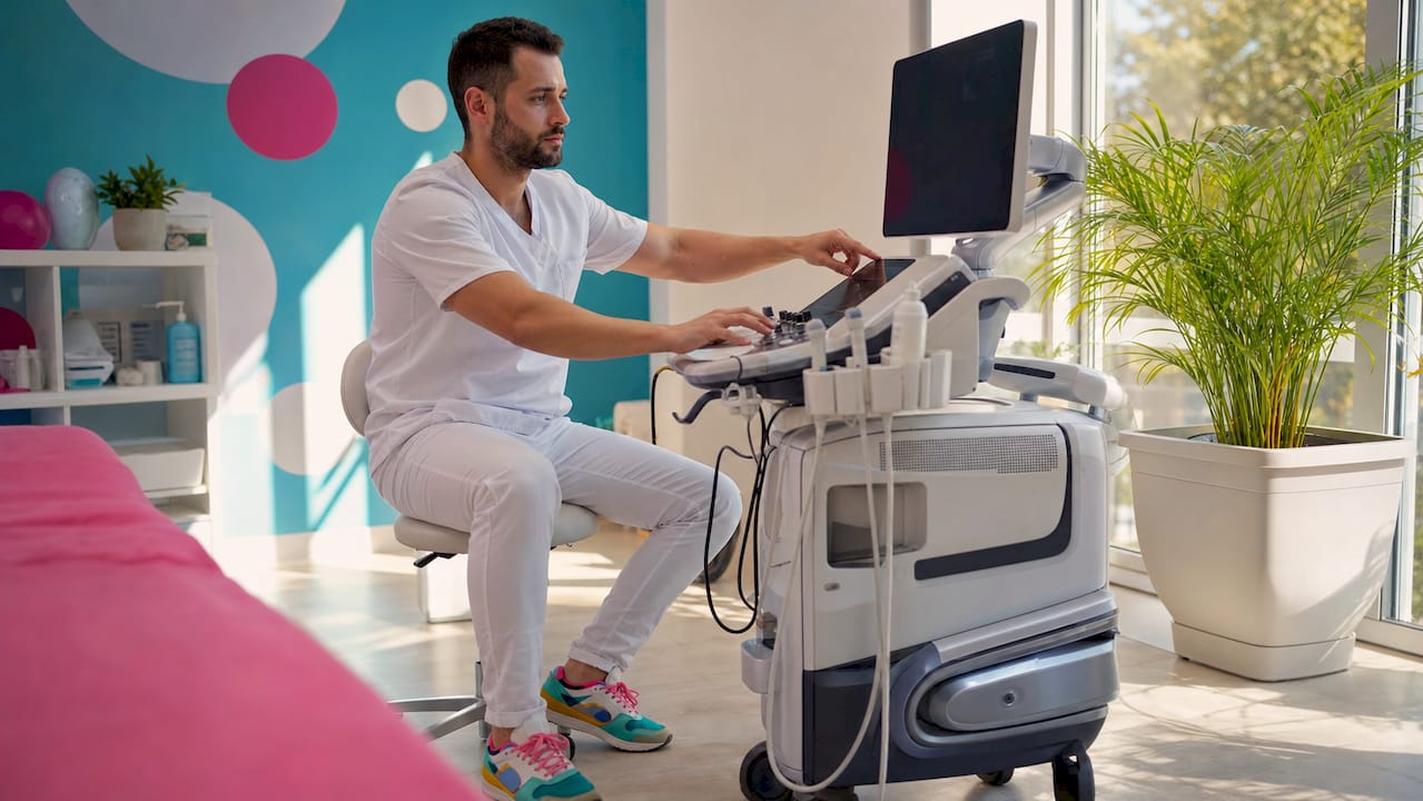 Sonographer adjusting 3D prenatal ultrasound machine controls