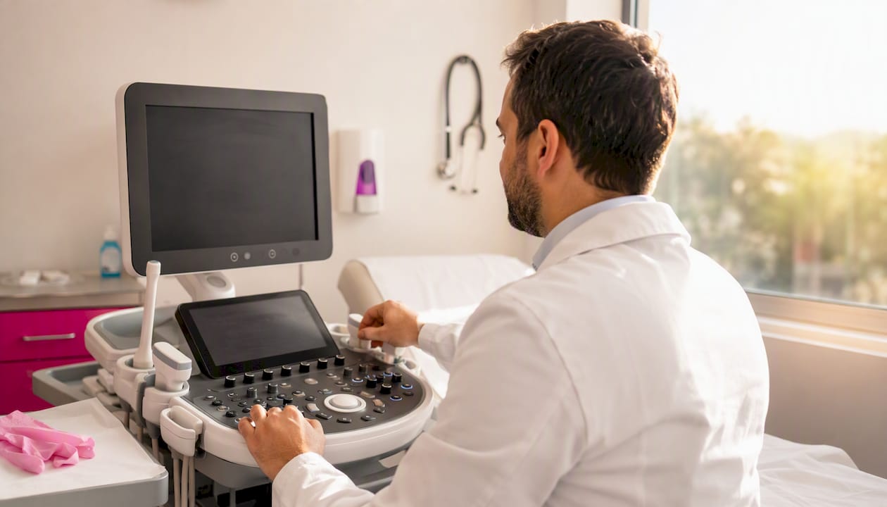Técnico en ecografía preparando el equipo para una ecografía prenatal