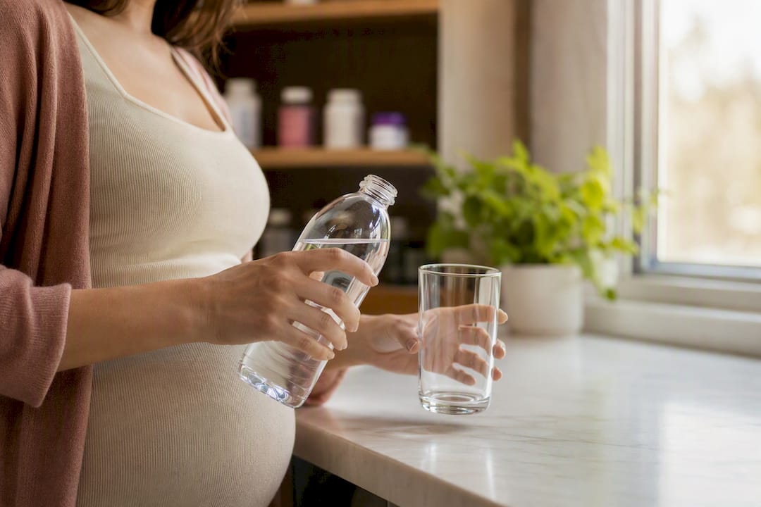 Mujer embarazada toma un vaso de agua antes de hacerse una ecografía