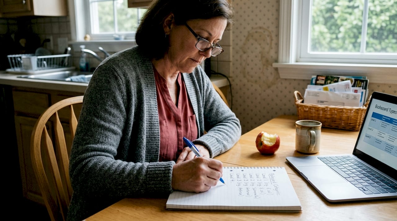 Educator takes notes on biohazard categories Educator takes notes on biohazard categories
