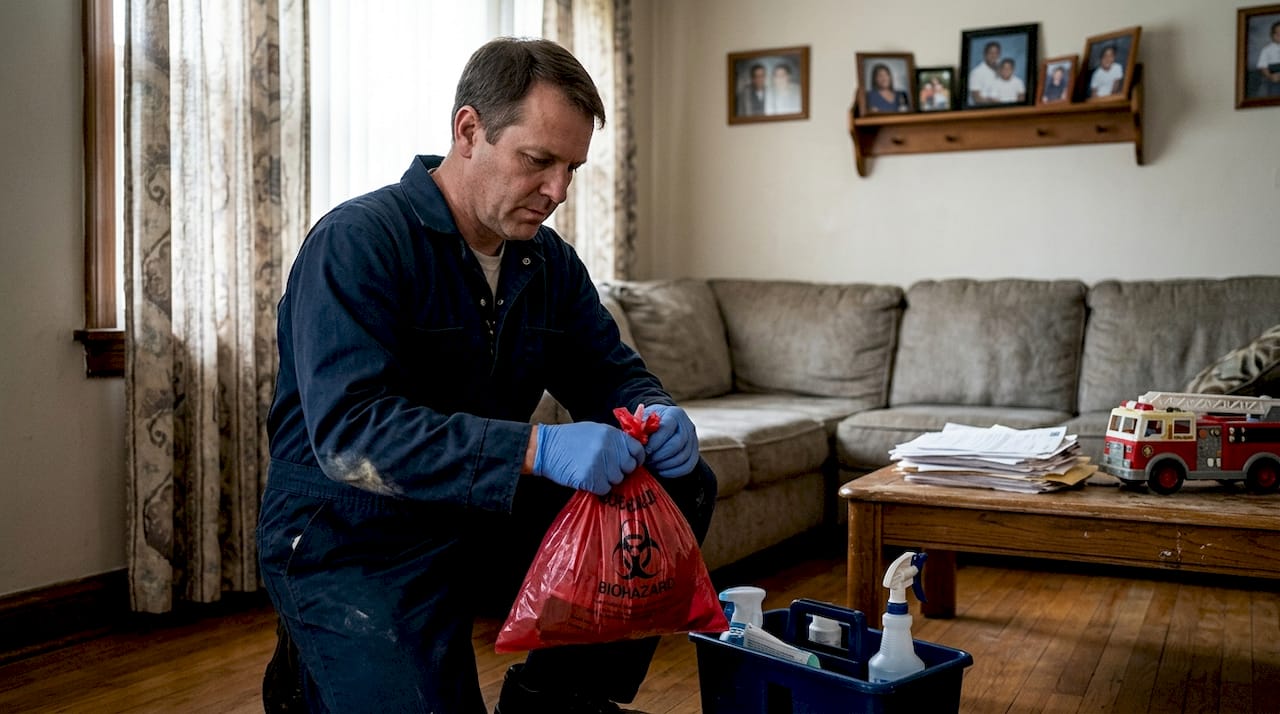 Technician bagging biohazard waste in Detroit home