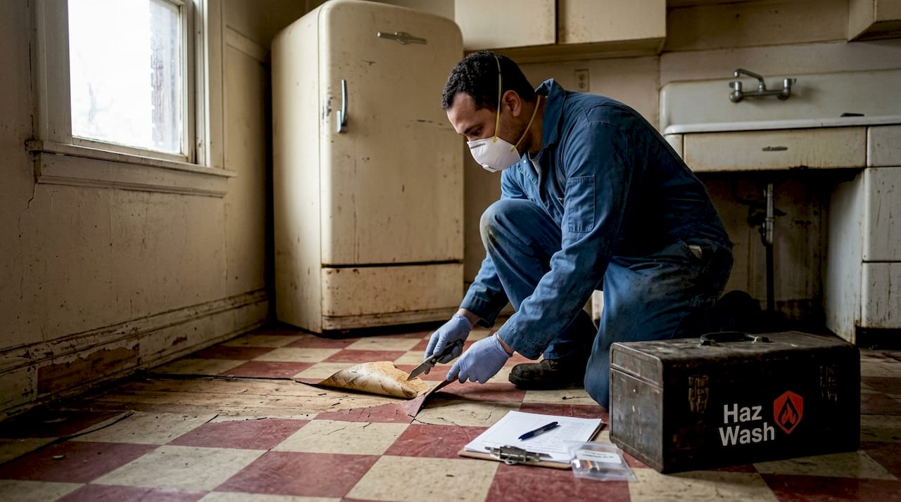 Technician testing for asbestos in old Detroit kitchen