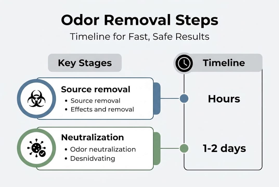 Infographic summarizing odor removal sequence and timing