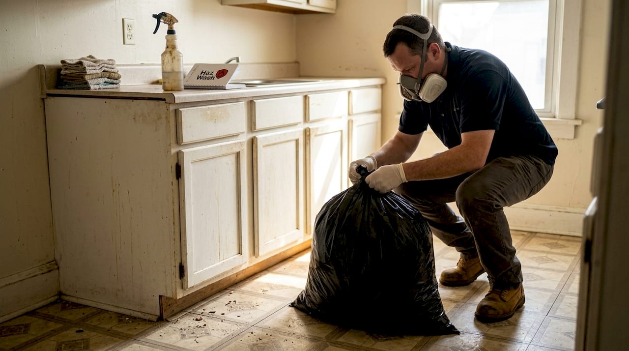 Worker sealing bag removing biohazard source