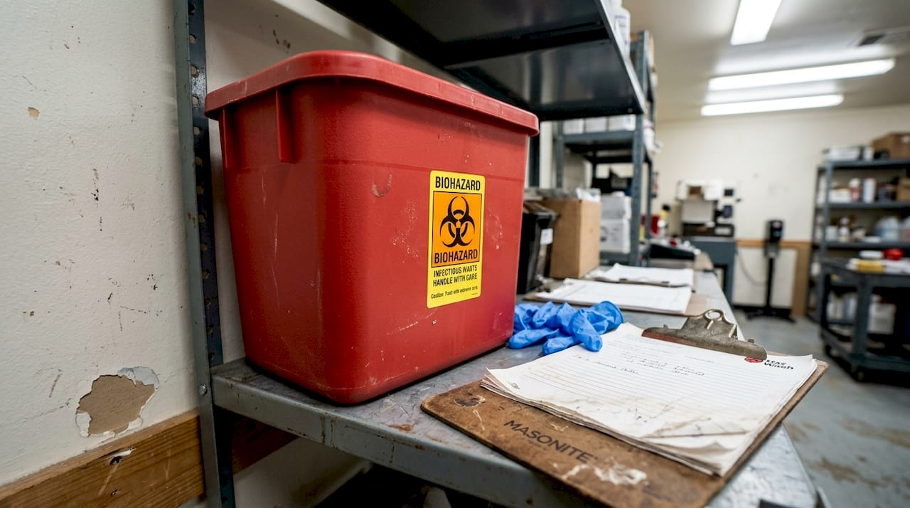 Biohazard warning label container on shelf