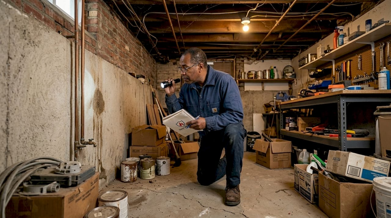 Detroit landlord inspecting basement wall