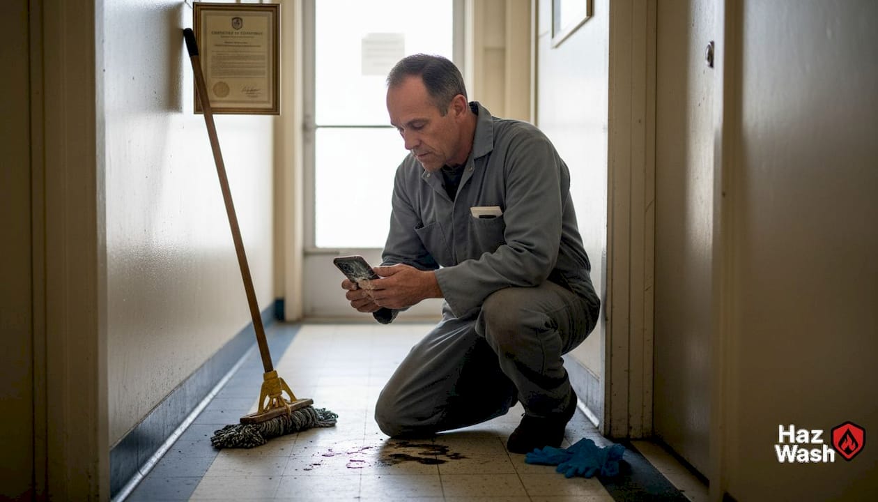 Worker photographing cleanup evidence in Detroit apartment