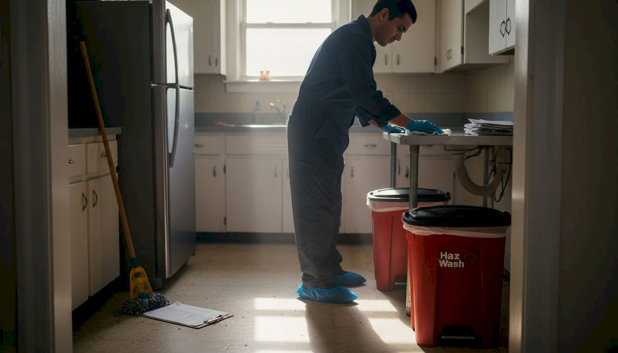 Technician performing biohazard cleanup in kitchen