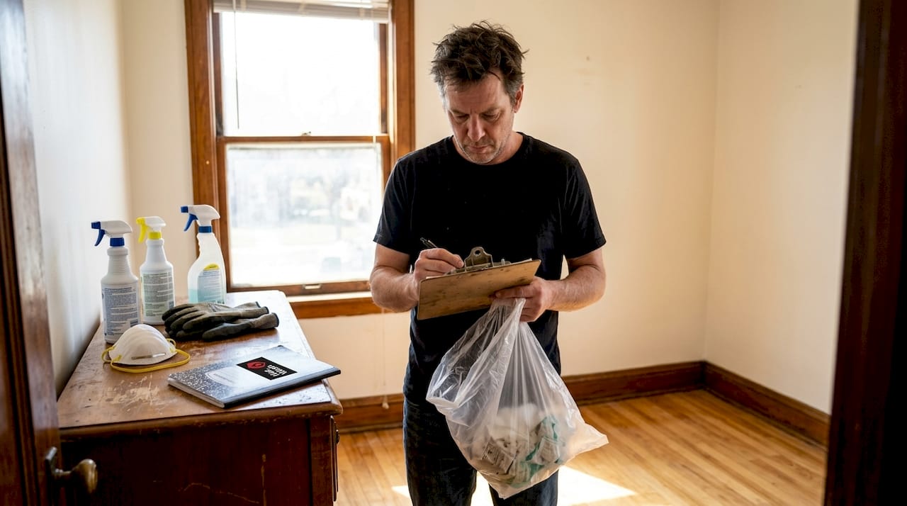 Landlord inspects sanitized bedroom after cleanup