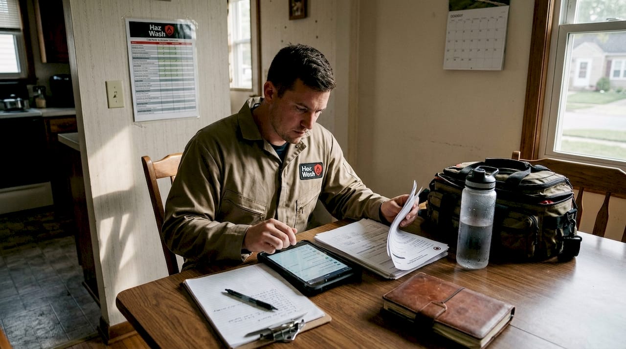 Technician documents cleanup steps and equipment