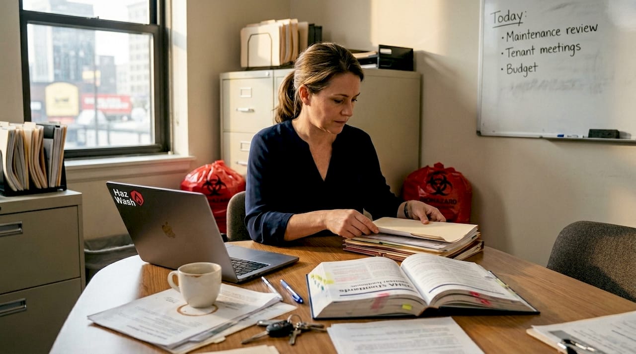 Manager reviewing biohazard cleanup responsibilities