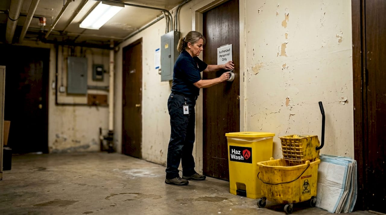 Supervisor posting sign for biohazard cleanup preparation
