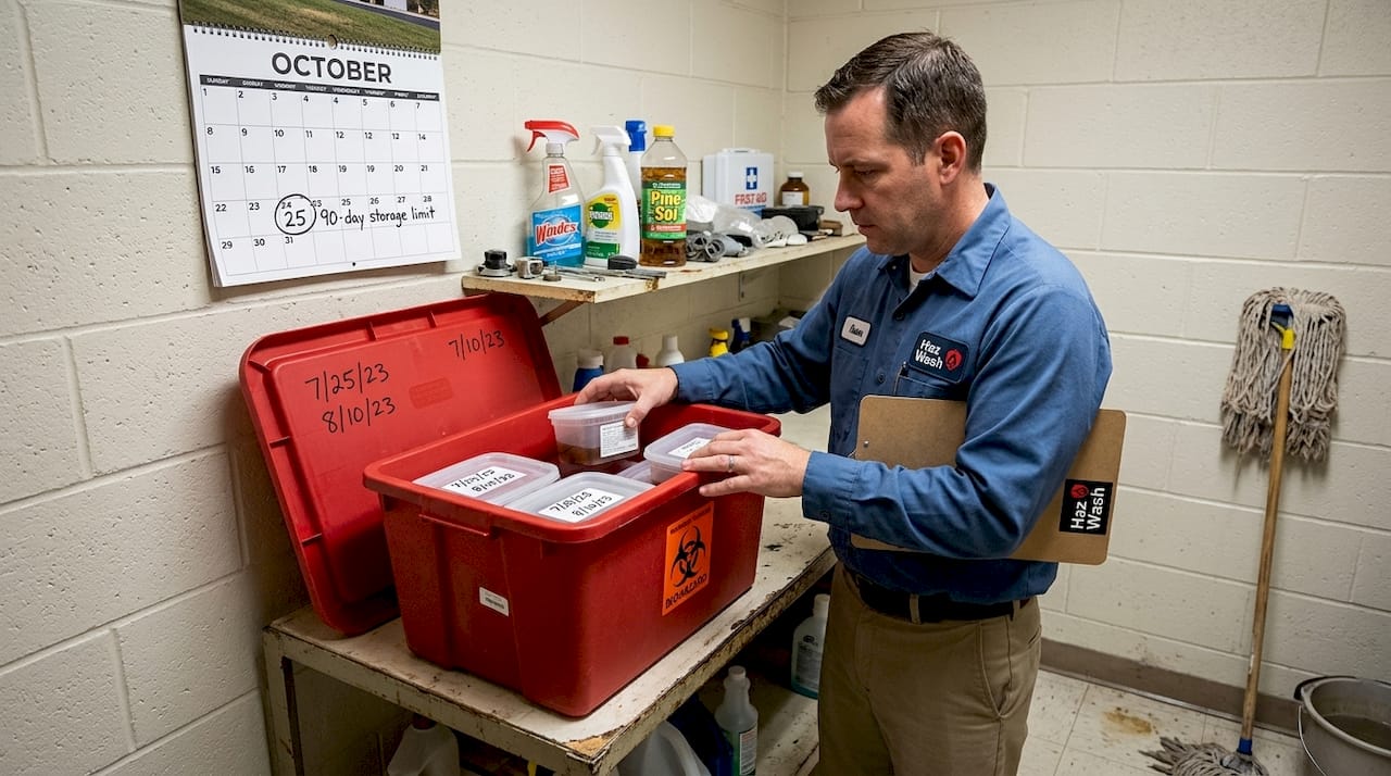 Supervisor reviewing labeled biohazard storage bin