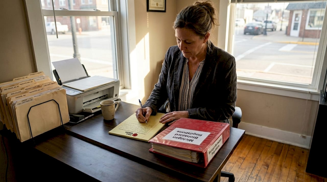 Property manager studying biohazard regulation binder