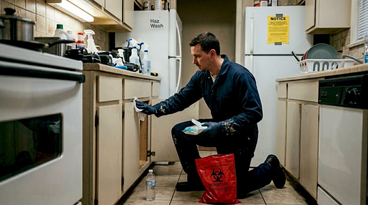 Hazmat technician cleaning kitchen after incident