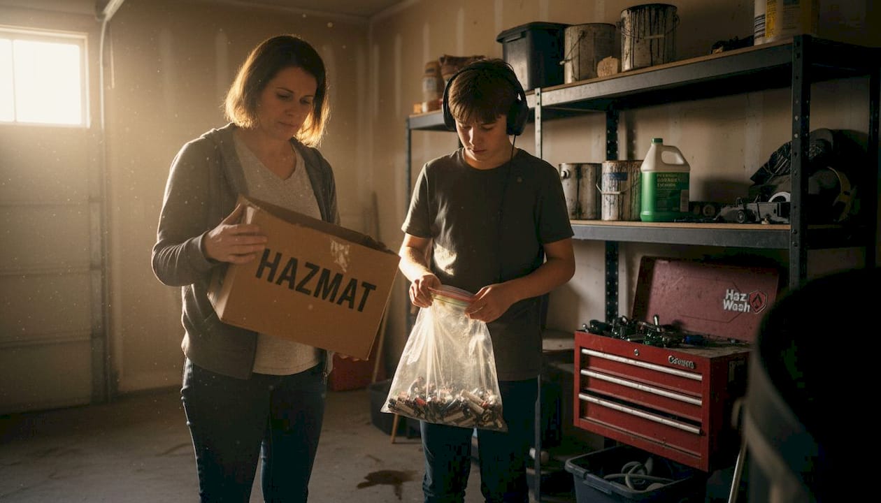 Detroit family sorting hazardous waste in garage