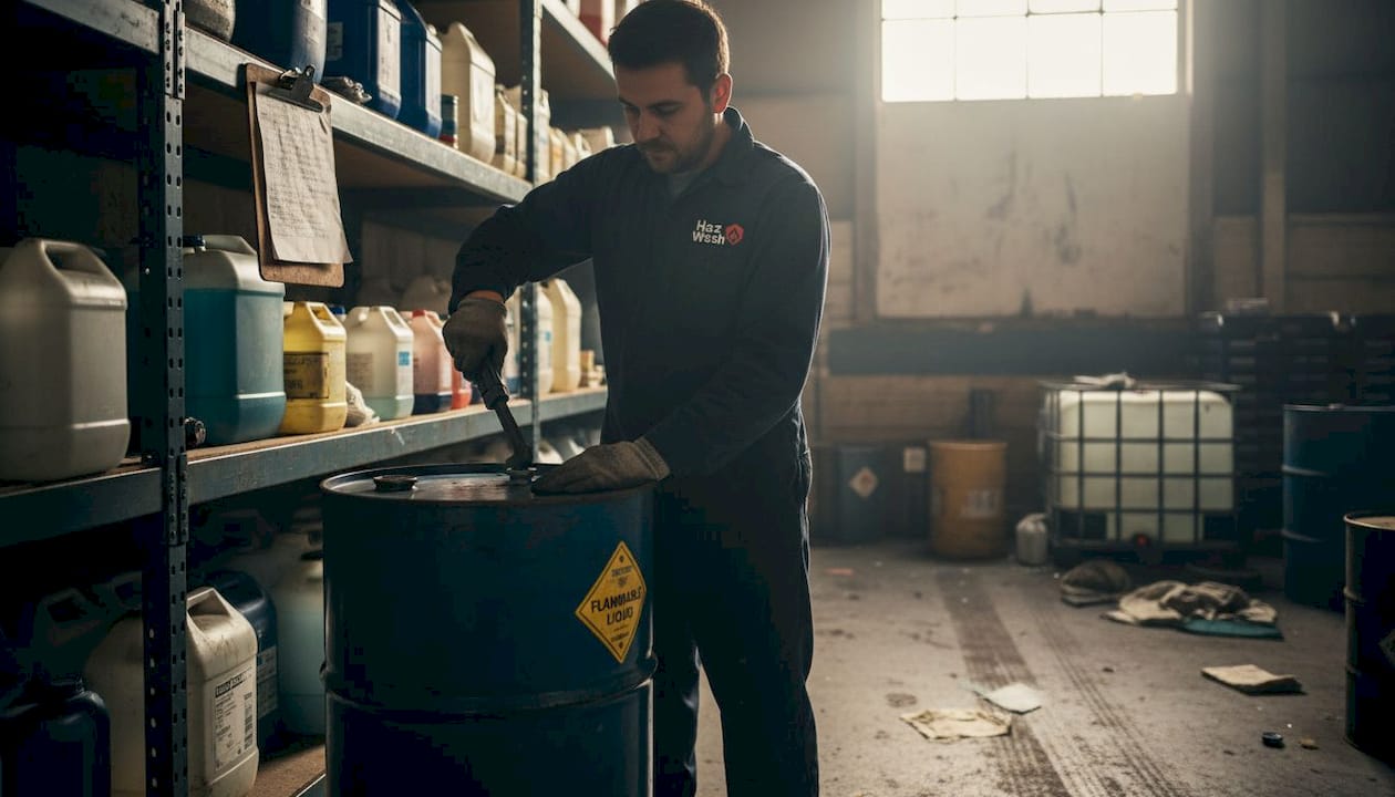 Worker labeling and sealing hazardous waste drum