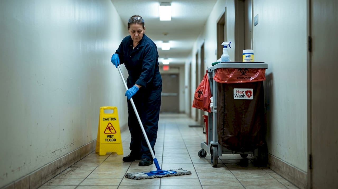 Janitor cleans hallway after hazardous spill