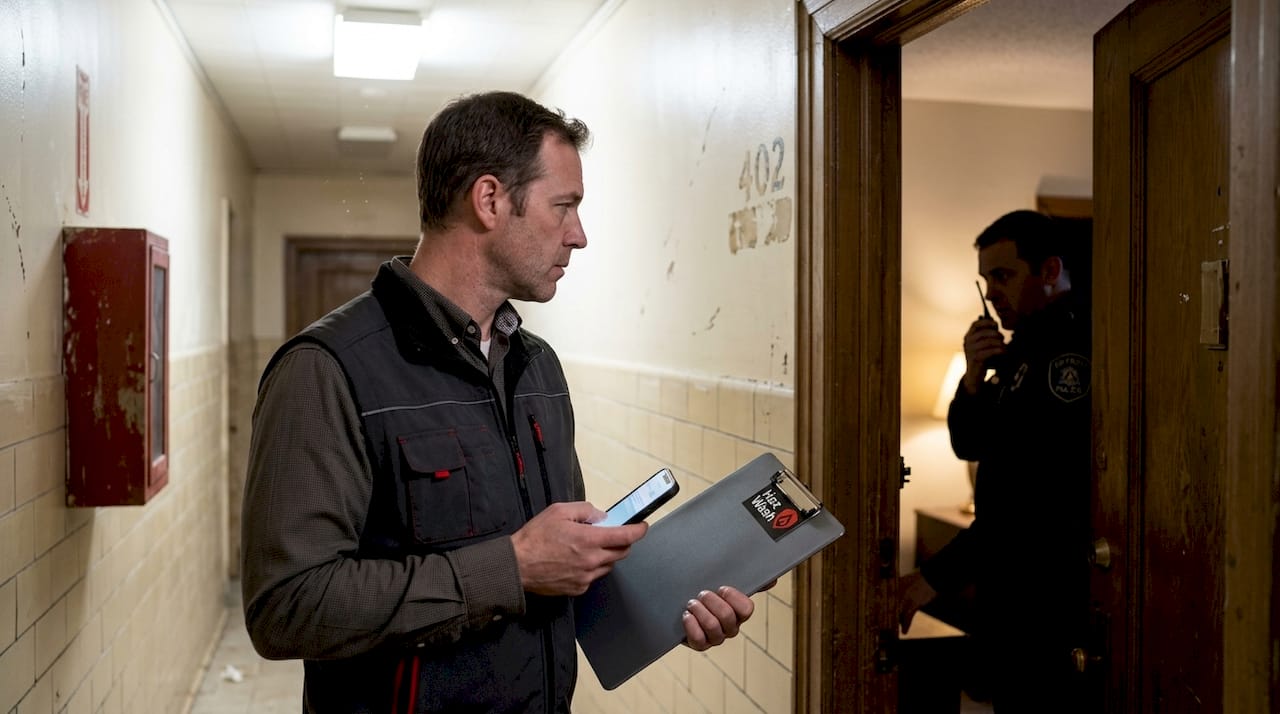 Property manager waiting outside secured rental unit