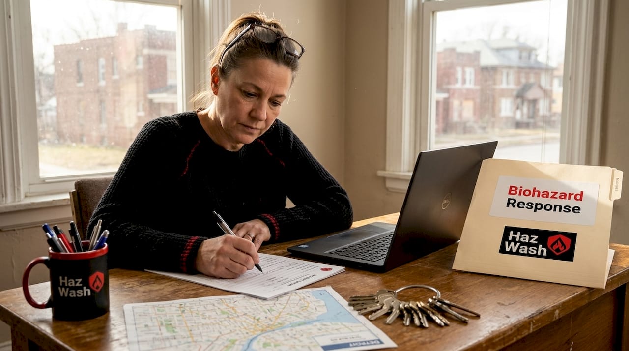 Detroit landlord reviewing biohazard documentation