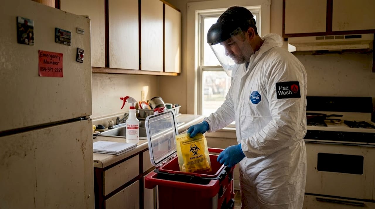 Biohazard technician cleaning Detroit kitchen scene