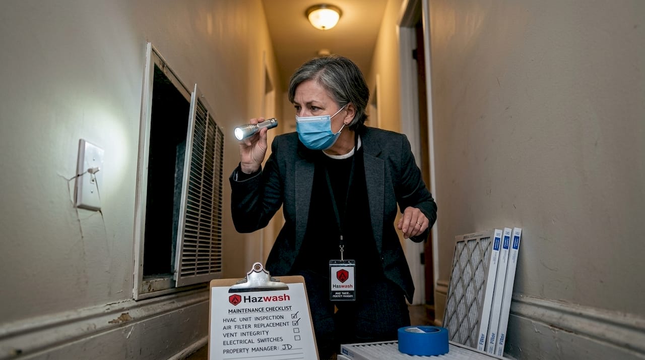 Woman inspects air vent for biohazard risks