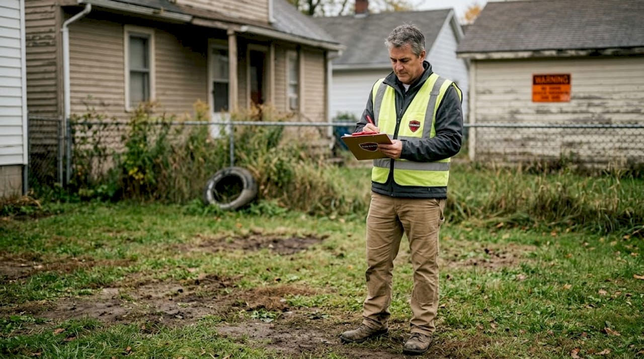 Inspector surveys contaminated duplex property
