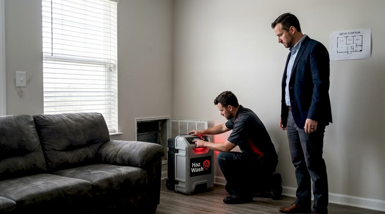 Technician sets up air scrubber for odor removal
