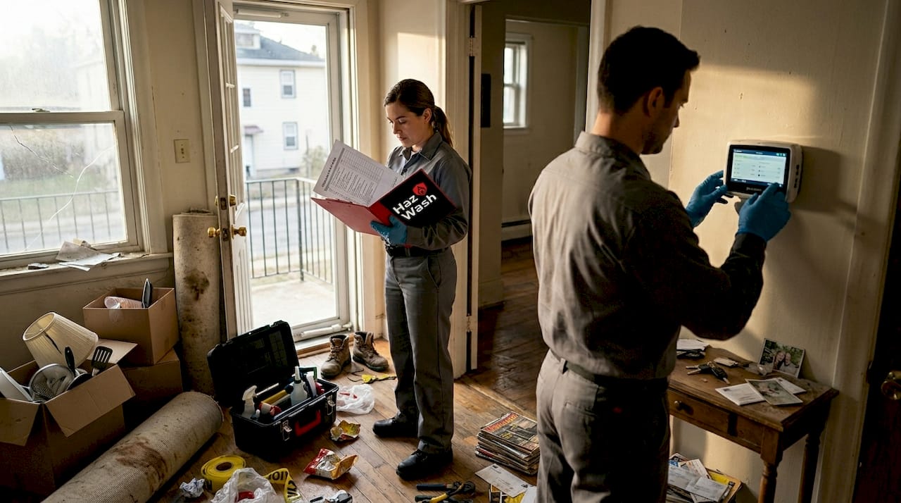 Biohazard technicians assess and check property