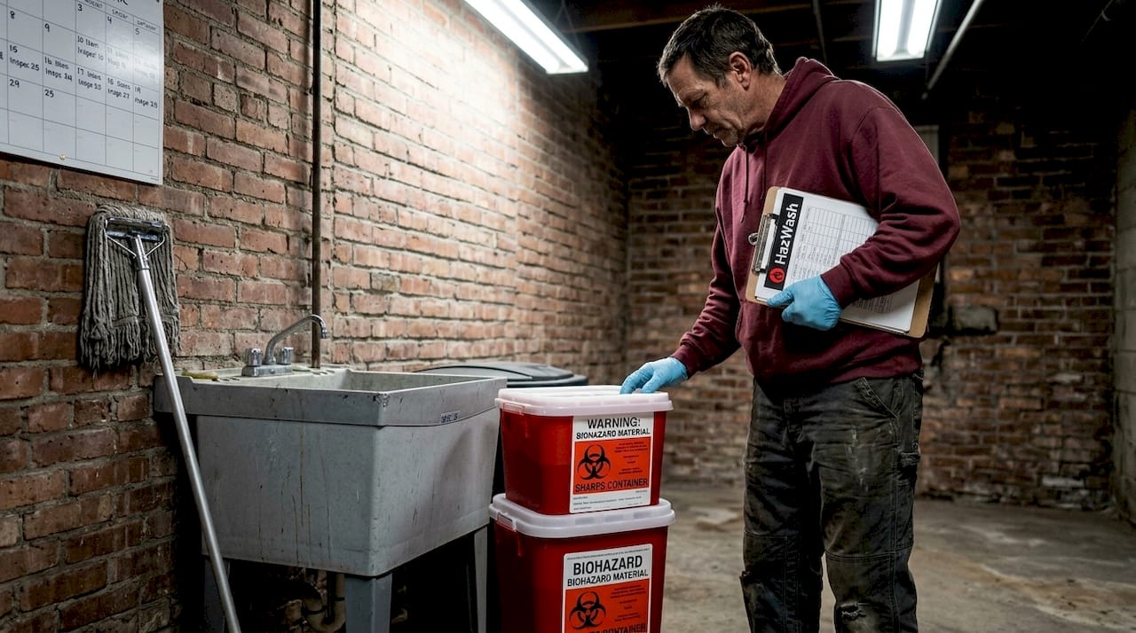 Worker inspecting biohazard waste containers basement