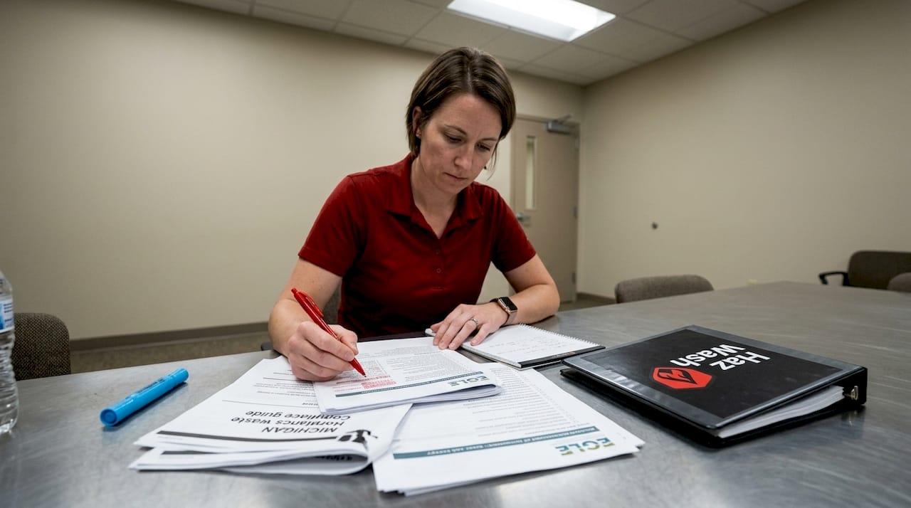 Coordinator reviewing hazardous waste compliance paperwork
