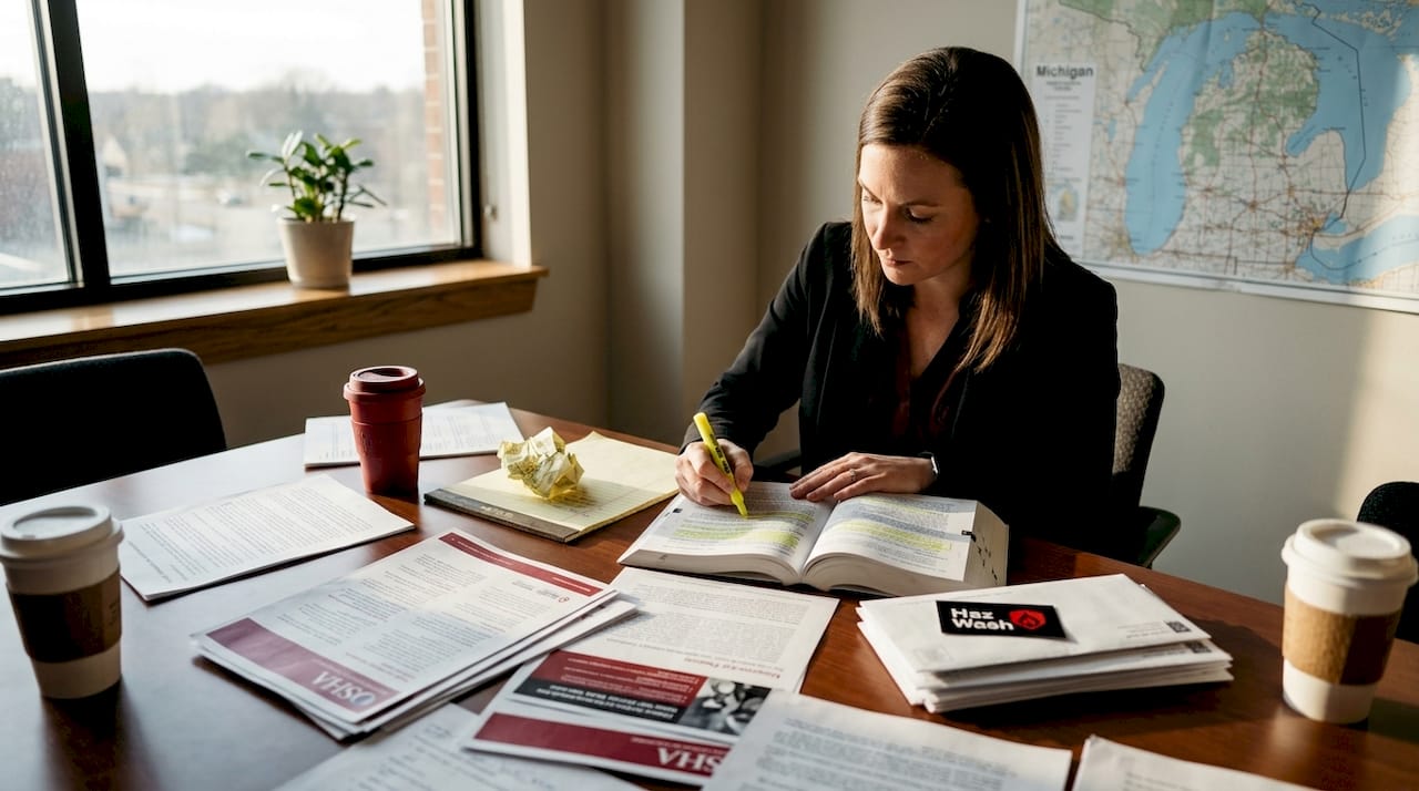 Compliance officer reviews waste regulation paperwork