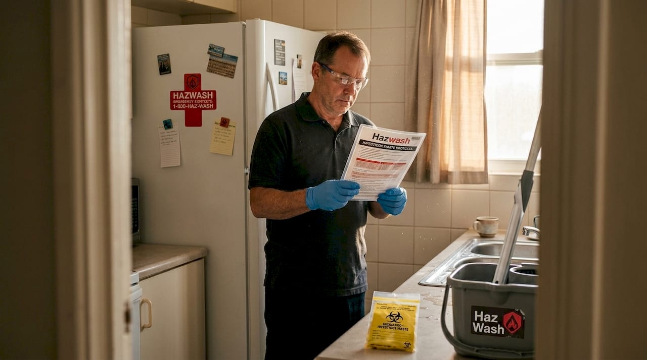 Property manager reviews infectious waste cleaning protocol