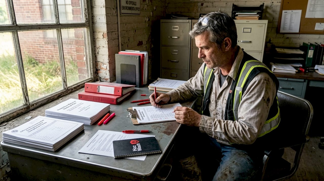 Supervisor reviewing hazardous removal paperwork