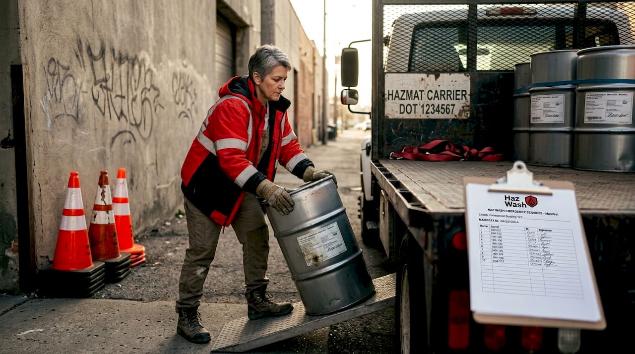 Transporter loading hazardous waste barrels Detroit
