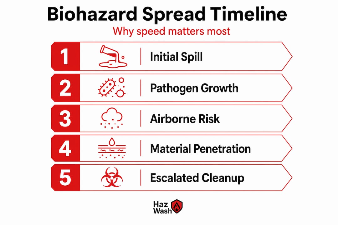 Infographic showing biohazard spread timeline and risks