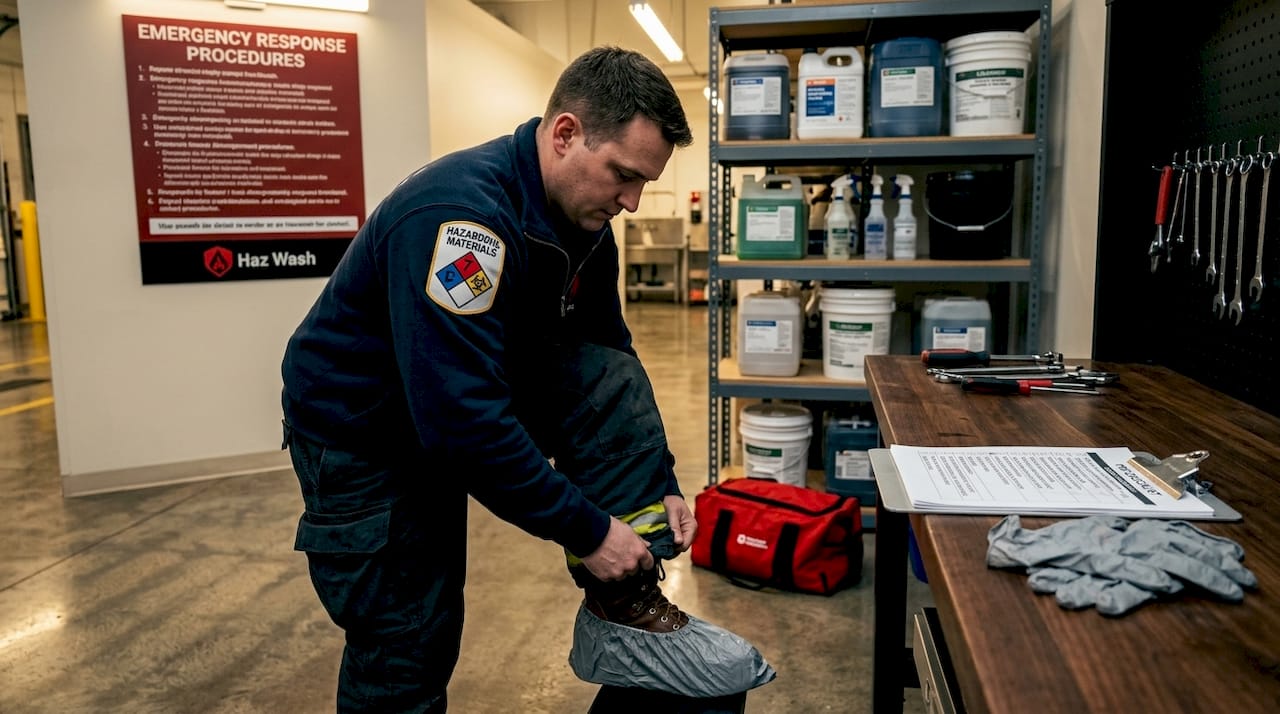 Firefighter donning PPE in Detroit garage clean zone Firefighter donning PPE in Detroit garage clean zone