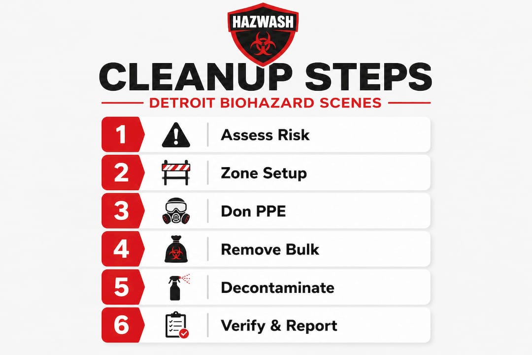 Infographic detailing biohazard cleanup process steps Infographic detailing biohazard cleanup process steps