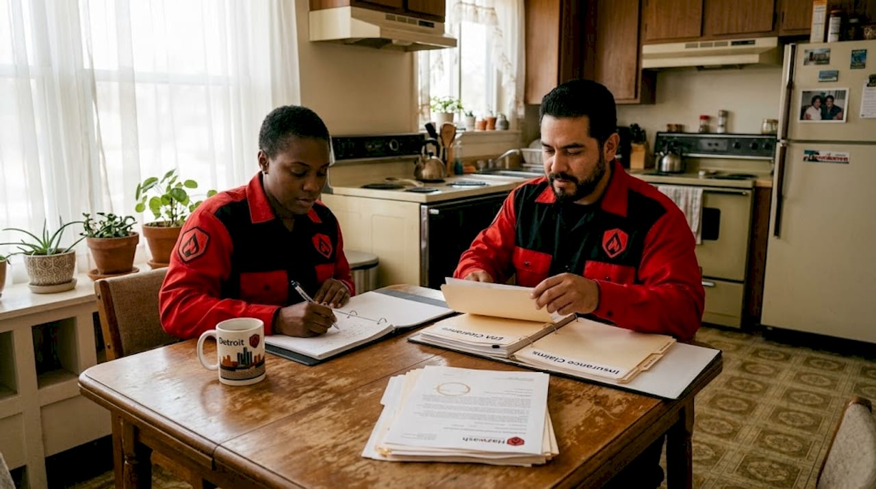 Cleanup team reviewing insurance files at kitchen table Cleanup team reviewing insurance files at kitchen table
