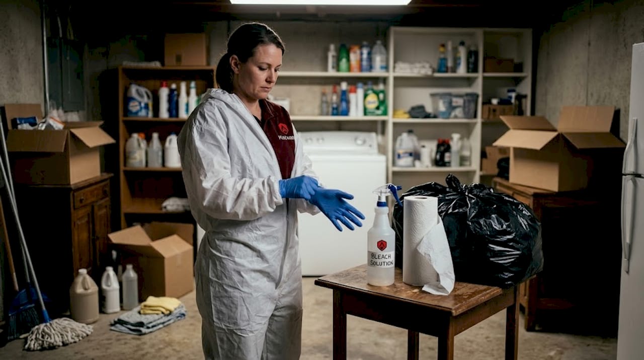 Person preparing safety gear for rat droppings cleanup