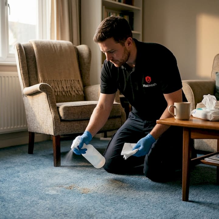 Spraying disinfectant on contaminated carpet spot