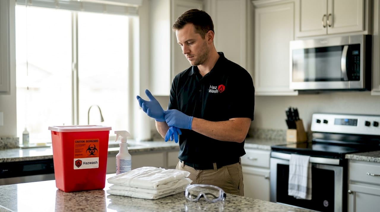 Technician preparing PPE for home cleanup